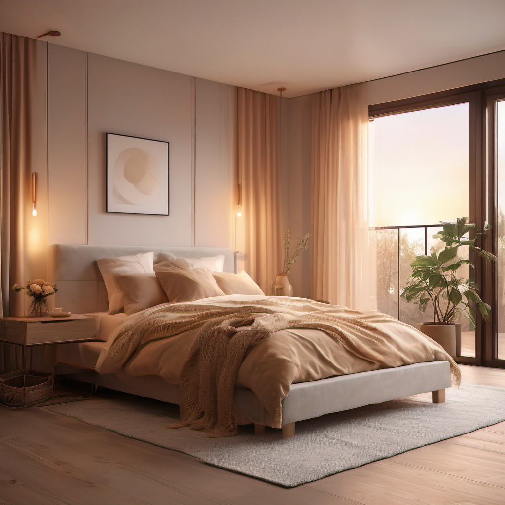 Cozy bedroom filled with warm sunrise light through sheer curtains