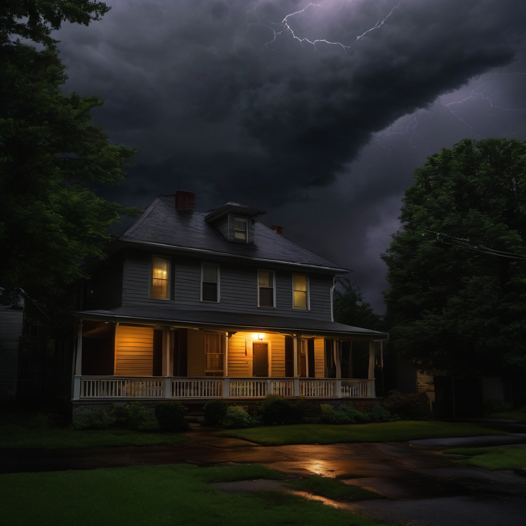 A house lit up and glowing during a dark stormy night while the rest of the street is powerless