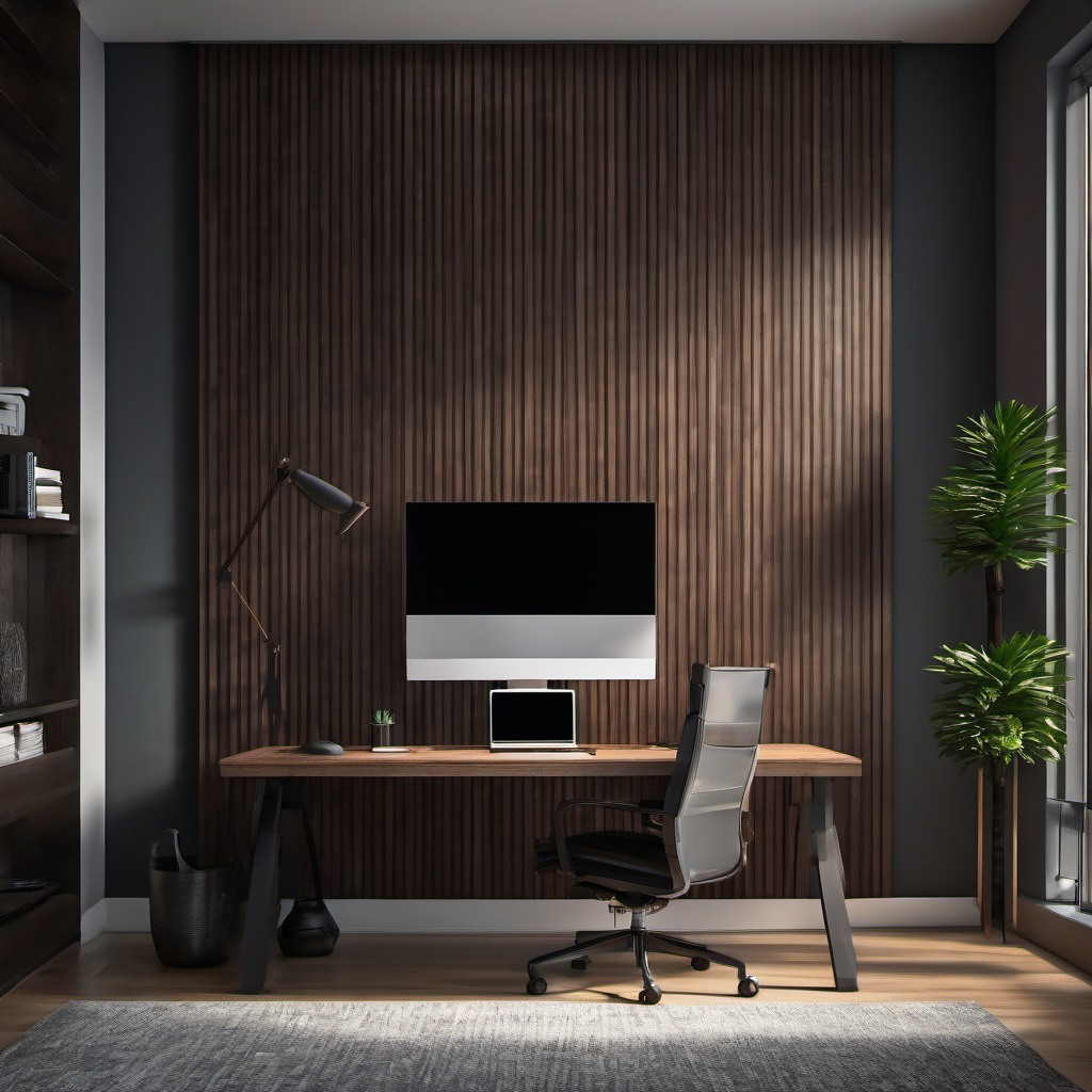 Modern minimalist home office with wood paneling, cool daylight, and blank monitor screens