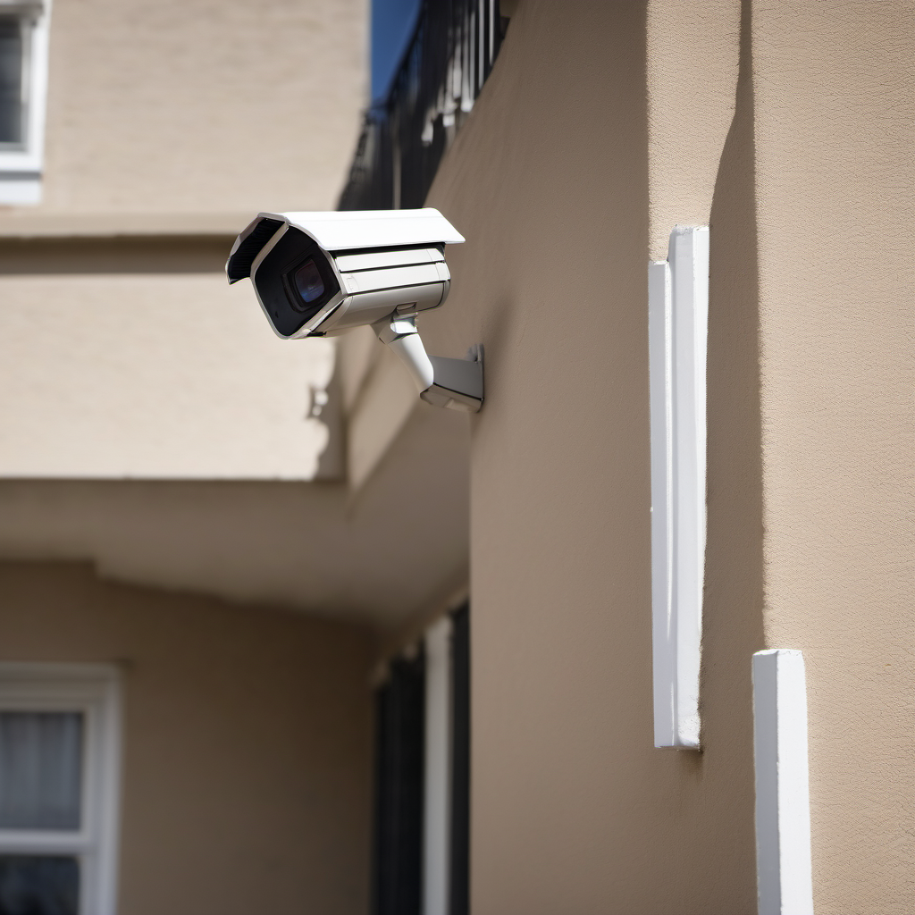 High-zoom security camera mounted on a wall eave, aimed downward toward a residential parking area