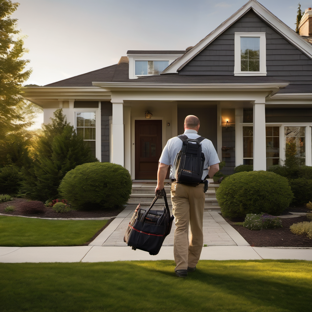 A technician arriving at a home with a tool bag, walking up the front path