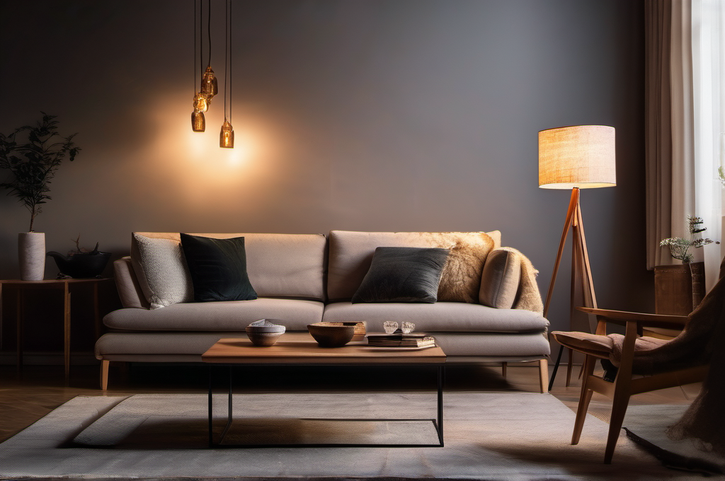 A smart lamp glowing warmly in a modern living room at dusk