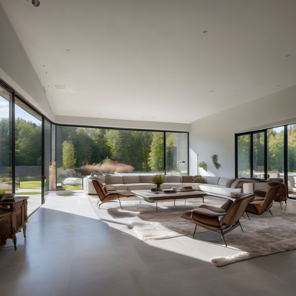 Modern great room with clean minimal walls and no visible switches or panels